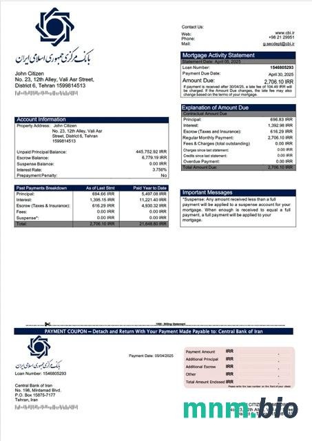 Iran Bank Centralny Iranu wyciąg z kredytu hipotecznego szablon Word i PDF